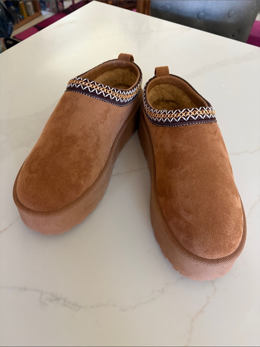 Women's Plush Lined Platform Mules in Tan